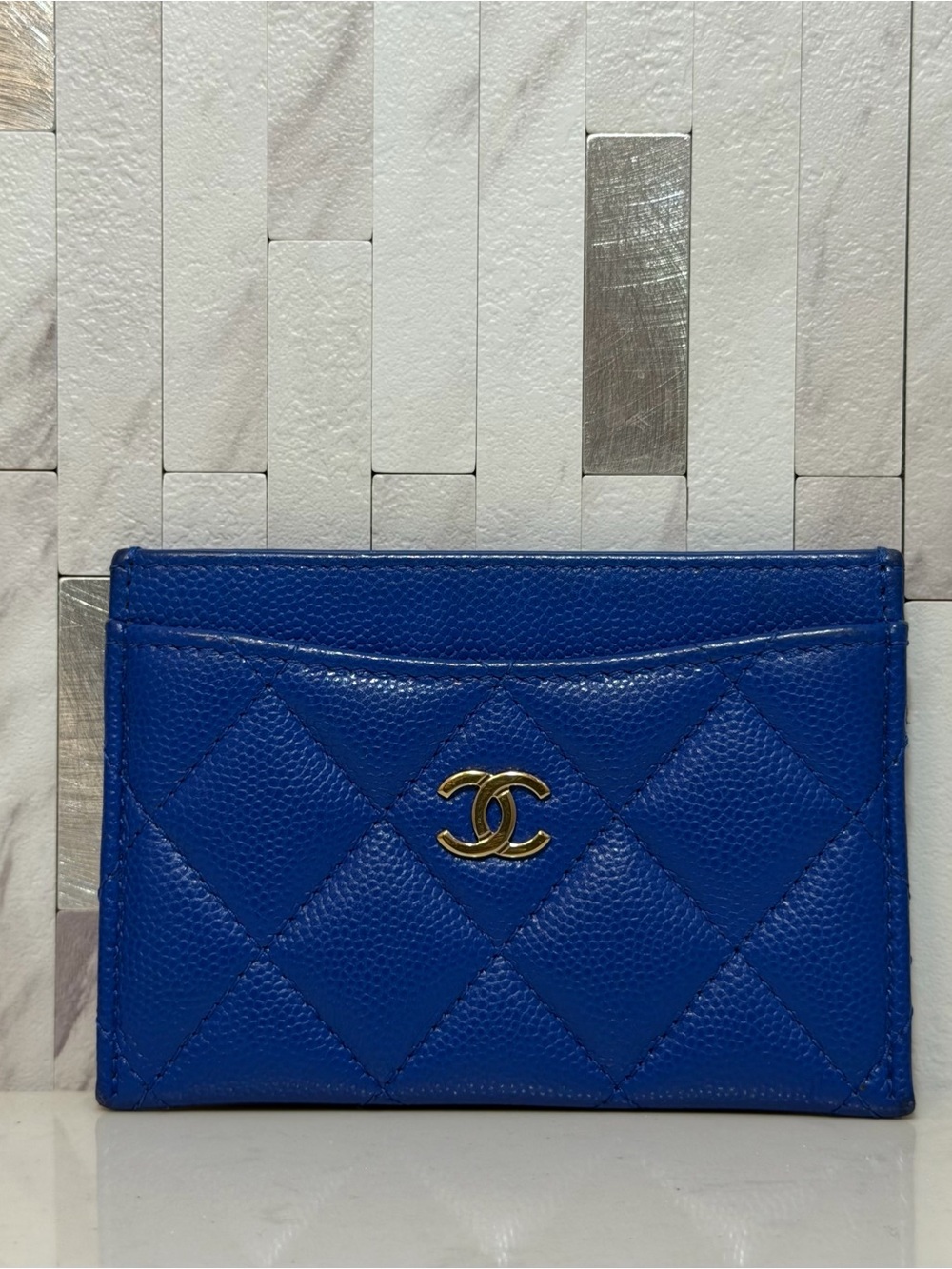 💙*RARE* CHANEL Caviar Quilted Card Holder Wallet in Cobalt Blue - Picture 6 of 15